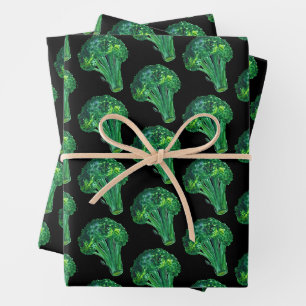 Big Broccoli auf schwarzen Wasserfarben Muster Ges Geschenkpapier Set