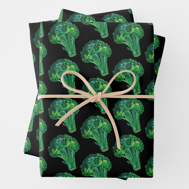 Big Broccoli auf schwarzen Wasserfarben Muster Ges Geschenkpapier Set (Beispiel)