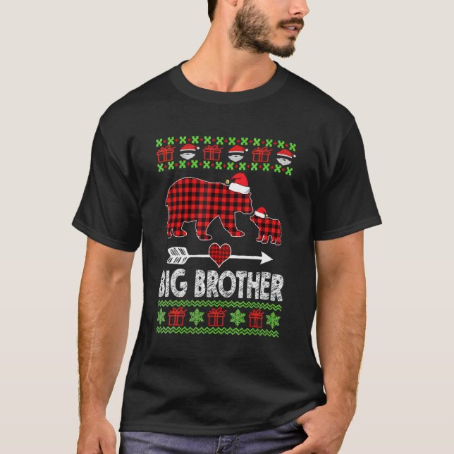 Big Brother Bear Santa Rote Karierte Familie Pajam T-Shirt (Vorderseite)