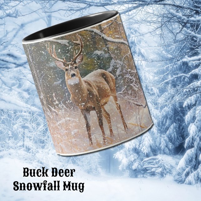 Big Buck Deer Antlers in Schnee und Bäume Kunst Ta Tasse (A buck White-tailed deer in a snow scene art mug.)