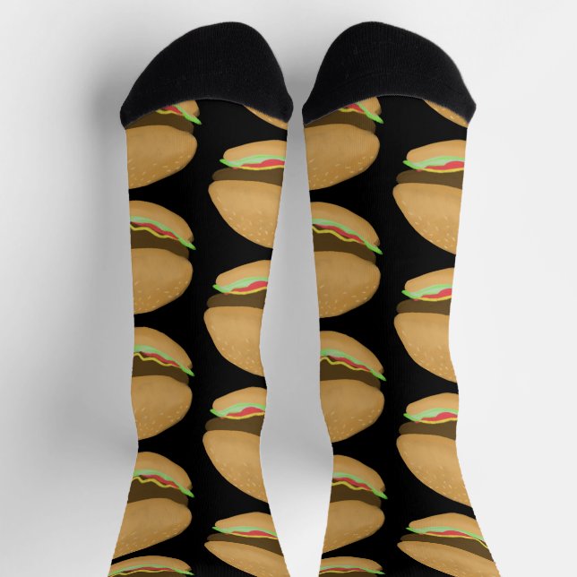 Big Burgers Hamburgers Fun Food Pattern Black Socken (Oben)
