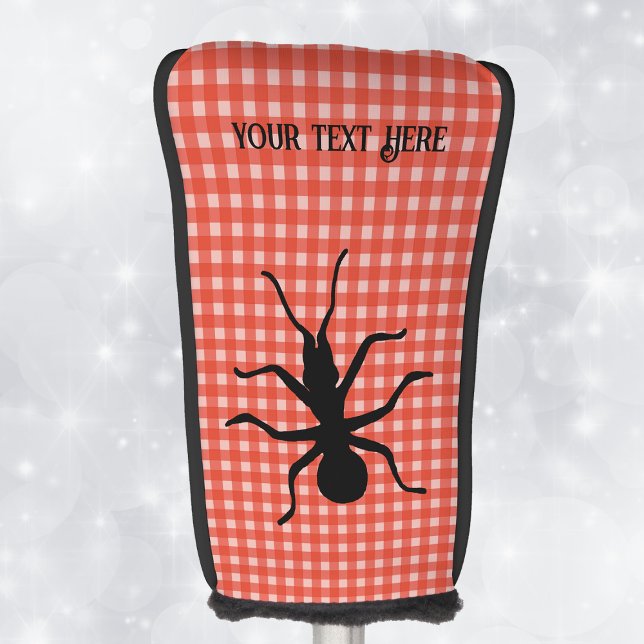 Big Creepy Black Ant on Tablecloth Picnic Kariert Golf Headcover (Big black ant silhouette on red white plaid picnic tablecloth pattern on golf club cover.)