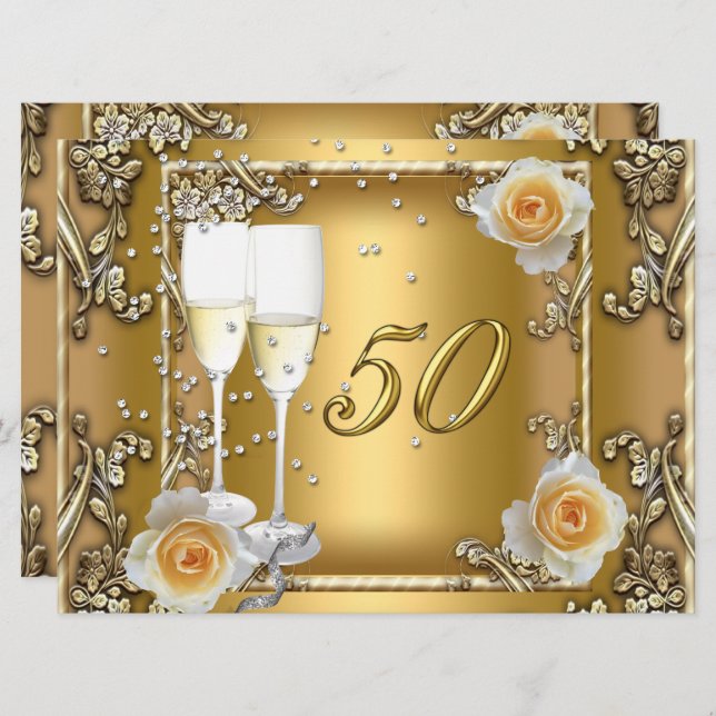 Big Elegant Gold 50. Hochzeitstag Party Einladung (Vorne/Hinten)