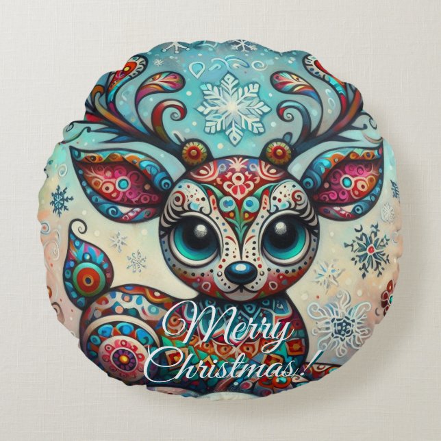 Big Eye Christmas Reindeer Folk Art Personalized Rundes Kissen (Vorderseite)
