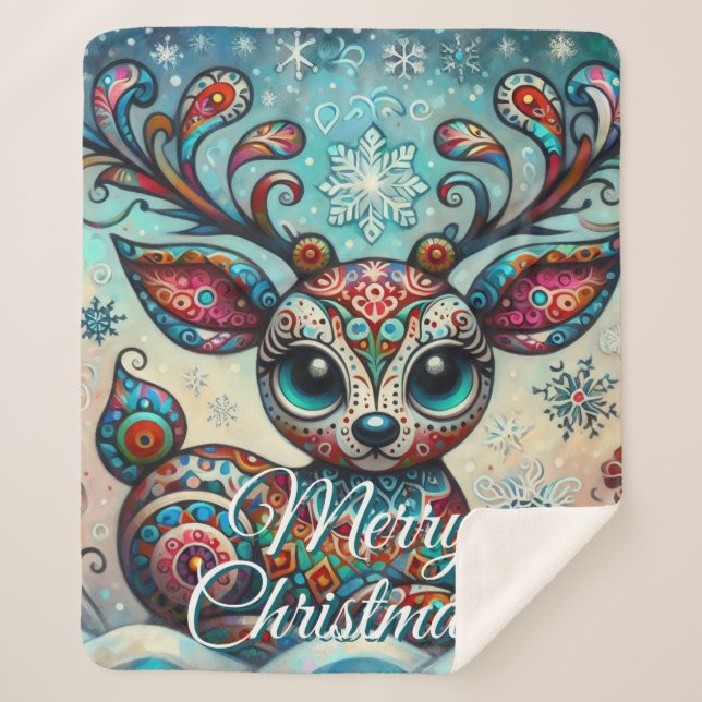 Big Eye Christmas Reindeer Folk Art Personalized Sherpadecke (Vorderseite)