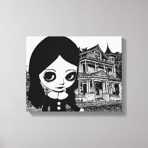 Big eye Goth girl Haunted house Original art Leinwanddruck