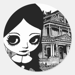 Big eye Goth Girl Spuk Haus Original Kunst Runder Aufkleber