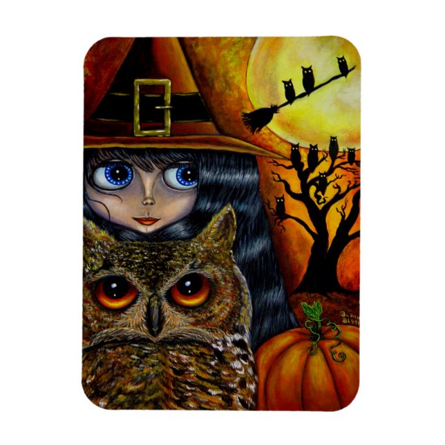 Big Eye Hexenmädchen und Owl Pumpkin Moon Hallowee Magnet (Vertikal)