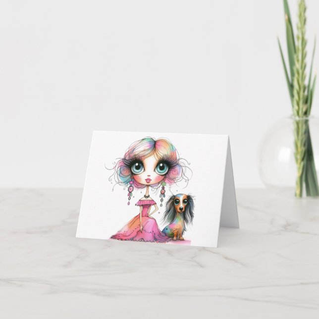 Big Eyes Whimsical Dackel und Girl Card Karte (Vorderseite)