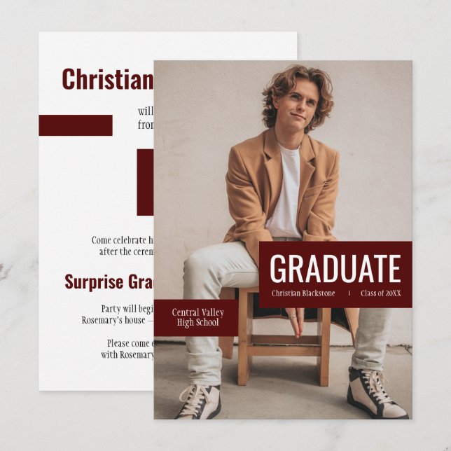 Big Foto mit Blocks of Maroon Abschluss Einladung (Vorne/Hinten)