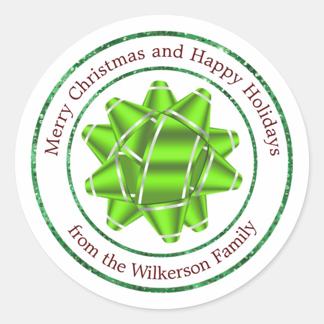 Big Gift Bow und Green Glitzer Runder Aufkleber (Vorderseite)