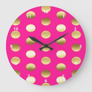 Big Gold Foil Polka Dots Hot Pink Große Wanduhr