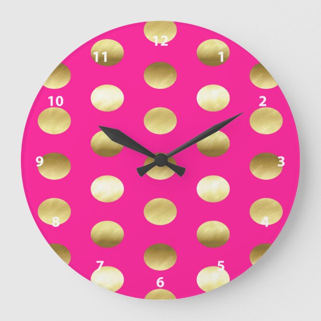 Big Gold Foil Polka Dots Hot Pink Große Wanduhr (Vorderseite)