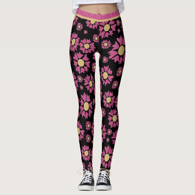 Big Gold Pink Glitzer Girly Daisy Blume auf schwar Leggings (Vorderseite)