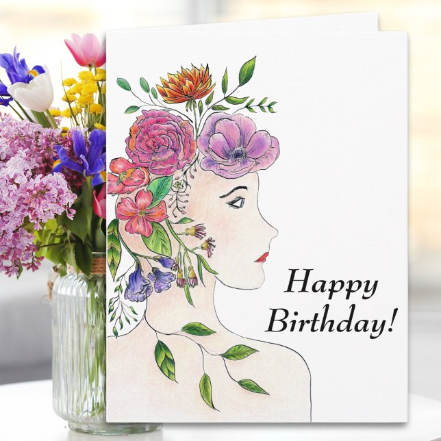 Big Happy Birthday Frau mit Blume Illustration Karte (Von Creator hochgeladen)