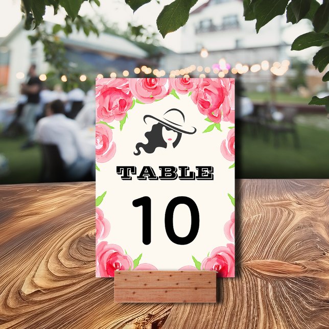 Big Hat | Aquarellfarbene Rose Derby Party Tischnummer (Big Hat and Roses Derby Party Table Number Cards 3.5" x 5" - ultra thick cards or semi-gloss)