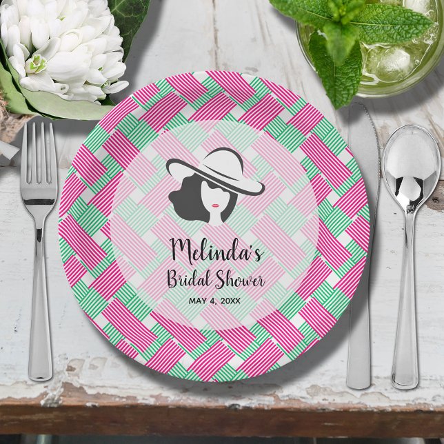 Big Hat Derby Brautparty Pappteller (Big Derby hat lady on hot pink and green diagonal stripes bridal shower paper plates)