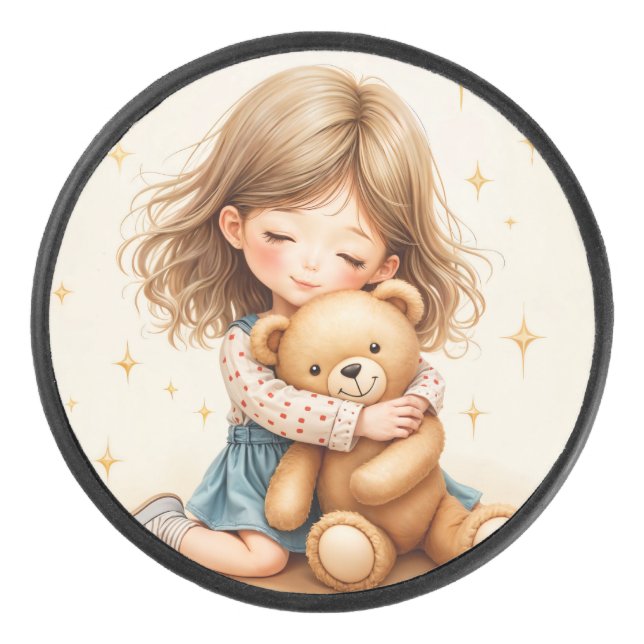 Big Hugs - Niedlicher Girl Hugging Teddy Bär Eishockey Puck (Vorderseite)