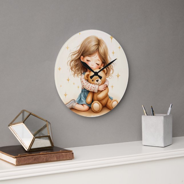 Big Hugs - Niedlicher Girl Hugging Teddy Bär Große Wanduhr (Büro)