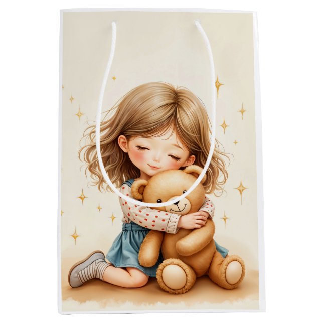 Big Hugs - Niedlicher Girl Hugging Teddy Bär Mittlere Geschenktüte (Vorderseite)