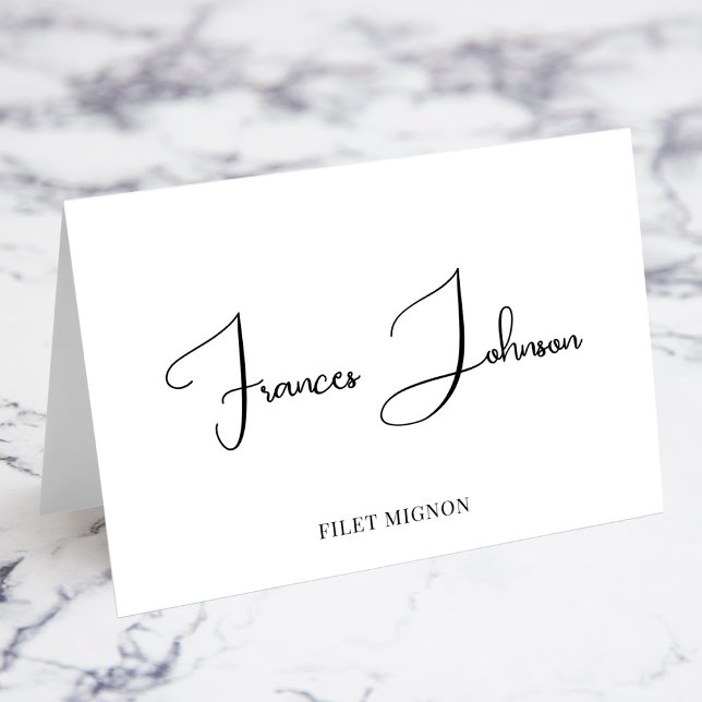 Big Letter Script Platzkarten zur Auswahl von Spei Tischnummer (Bettina Decorative Script Individual Place Cards with Meal Choice Option in ALL CAPS)