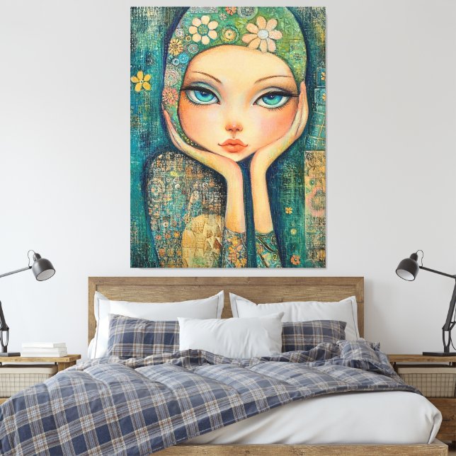 BIG MIT AUGEN MÄDCHEN, WHIMSICAL LEINWAND ART DRUC (Insitu (Schlafzimmer))