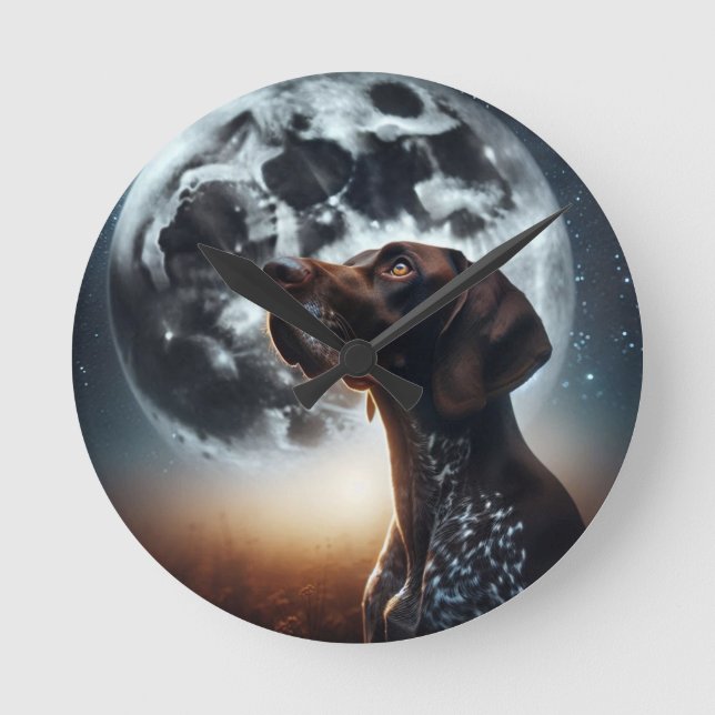 Big Moon Nighttime Sky GSP Dog farbenfroh Runde Wanduhr (Vorderseite)