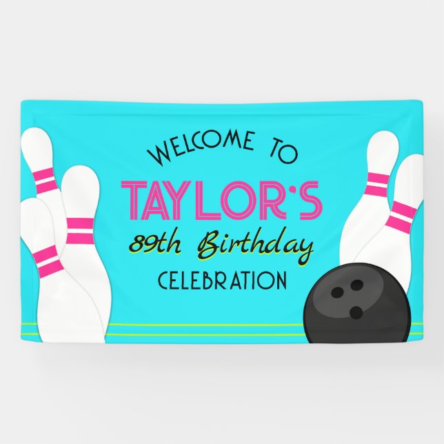 Big Neon Aquamarin Blue Bowling Birthday Banner (Horizontal)