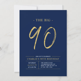 Big Ninety | Gold & Navy Blue 90th Birthday Party Einladung