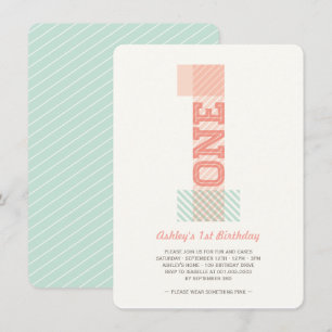 Big Number 1 Stripes Baby Girl 1. Geburtstag Party Einladung