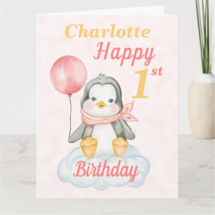 Big Pinguin Happy 1. Geburtstag Pink Card Karte