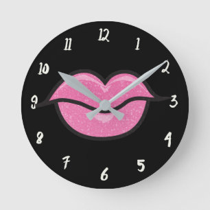 Big Pink Glitzer Lips Lipstick Kiss Glamour Glam Runde Wanduhr