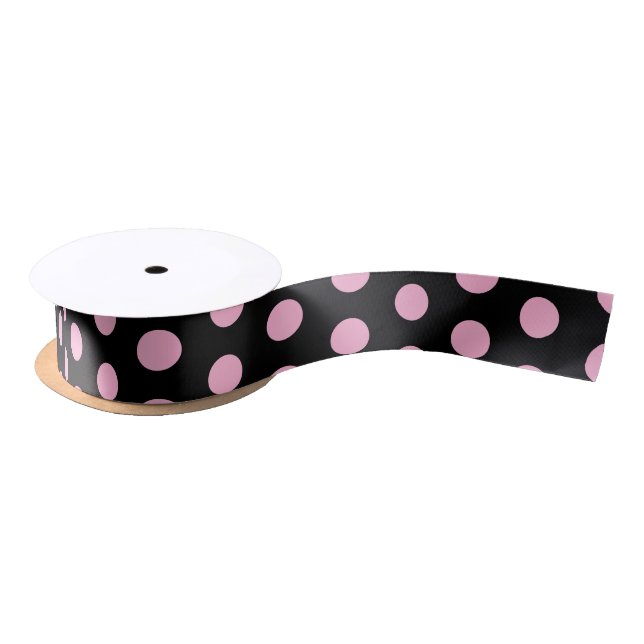 Big Pink Polka Dots on Black  Satinband (Spule)