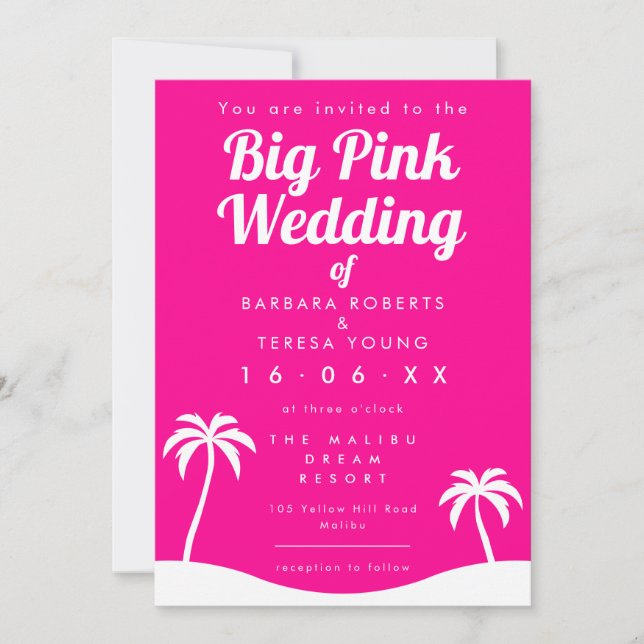 Big Pink Wedding Barbiecore Trendy Palm Tree Beach Einladung (Vorderseite)