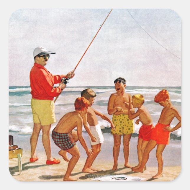 Big Pole Little Fish von Richard Sargent Quadratischer Aufkleber (Vorderseite)