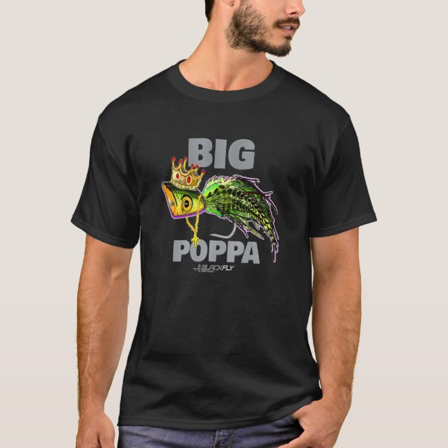 Big Poppa Bass Poppers Fischen mit schwarzer Flieg T-Shirt (Vorderseite)