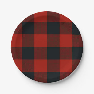 Big Red & Black Checkered Squares Buffalo Kariert Pappteller