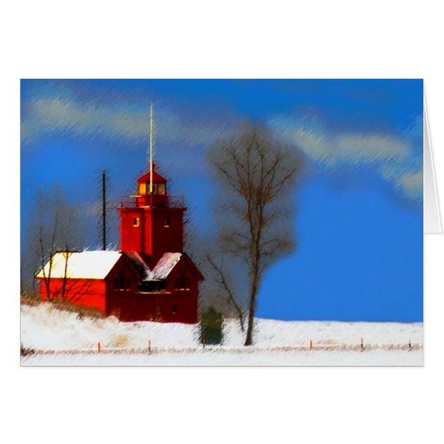 Big Red Lighthouse Malerei - Originelle Kunst (Vorderseite (Horizontal))