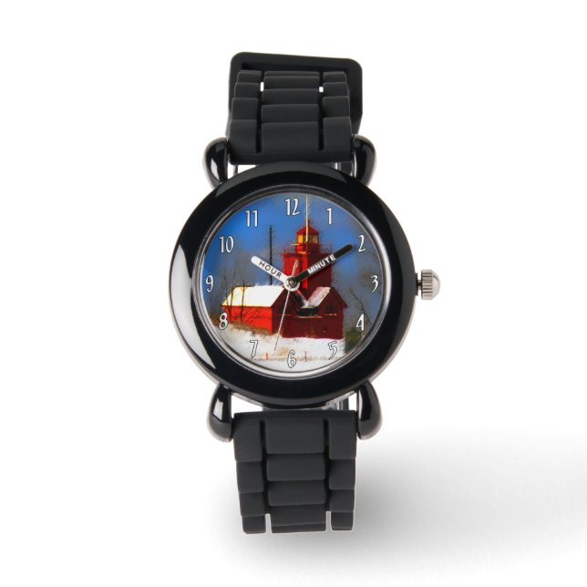 Big Red Lighthouse Malerei - Originelle Kunst Armbanduhr (Vorderseite)