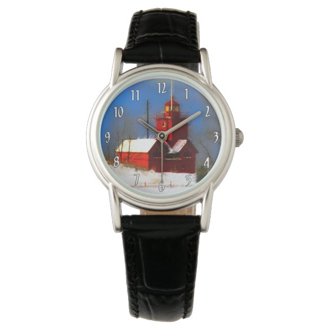 Big Red Lighthouse Malerei - Originelle Kunst Armbanduhr (Vorderseite)