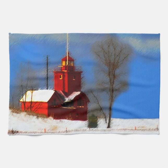 Big Red Lighthouse Malerei - Originelle Kunst Geschirrtuch (Horizontal)