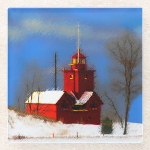 Big Red Lighthouse Malerei - Originelle Kunst Glasuntersetzer