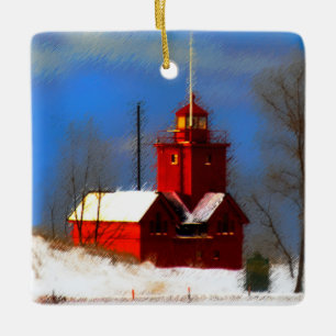 Big Red Lighthouse Malerei - Originelle Kunst Keramikornament