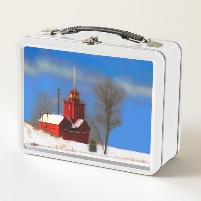 Big Red Lighthouse Malerei - Originelle Kunst Metall Brotdose (Vorderseite)