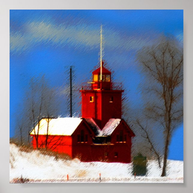 Big Red Lighthouse Malerei - Originelle Kunst Poster (Vorne)