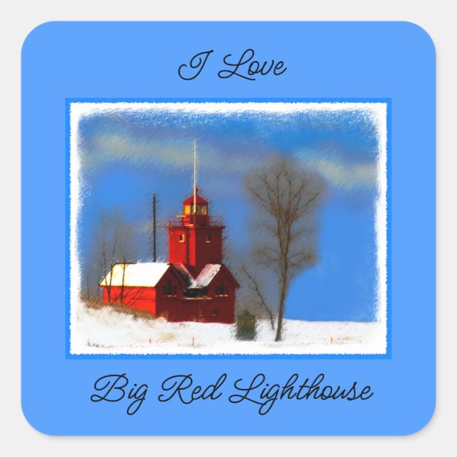 Big Red Lighthouse Malerei - Originelle Kunst Quadratischer Aufkleber (Vorderseite)