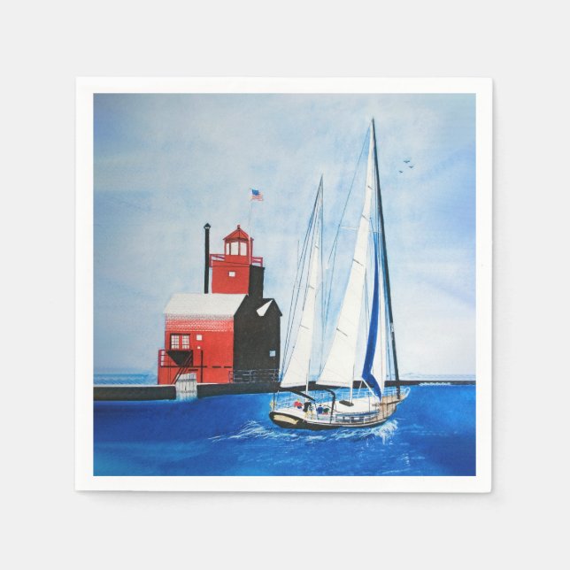 Big Red Michigan Lighthouse und Sailboat Serviette (Vorderseite)