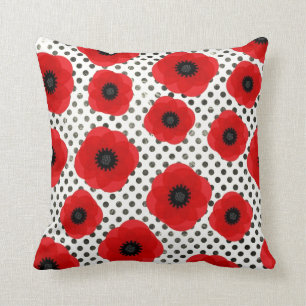 Big Red Poppe Blume auf Black and White Polka Dot Kissen