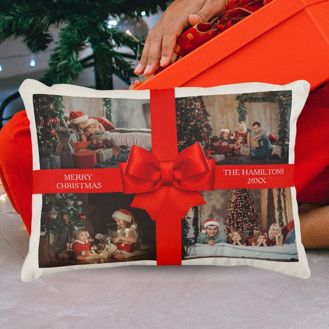 Big Red Ribbon Christmas Custom 4 Photo Decorative Dekokissen (Big Red Ribbon Christmas Custom 4 Photo Decorative Accent Pillow
)