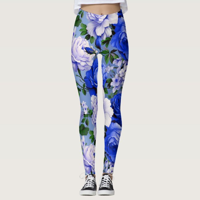 Big Retro Blue Rose Blume Leggings (Vorderseite)